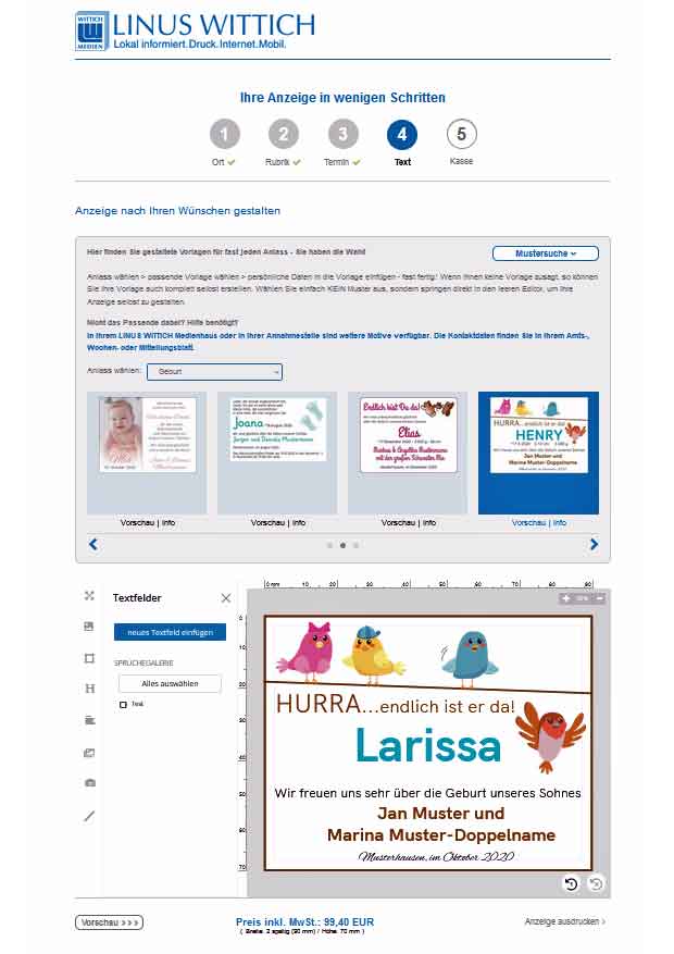 Geburtsanzeige online aufgeben