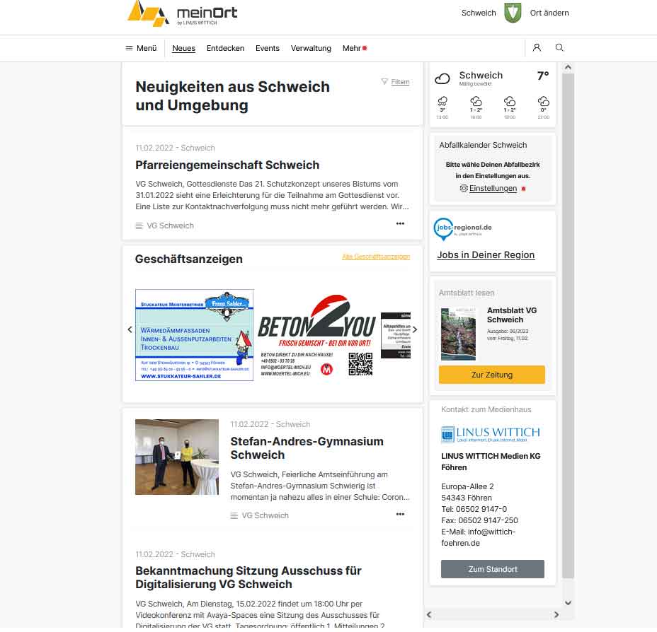OnlineWerbung meinOrt Web-App Newsfeed